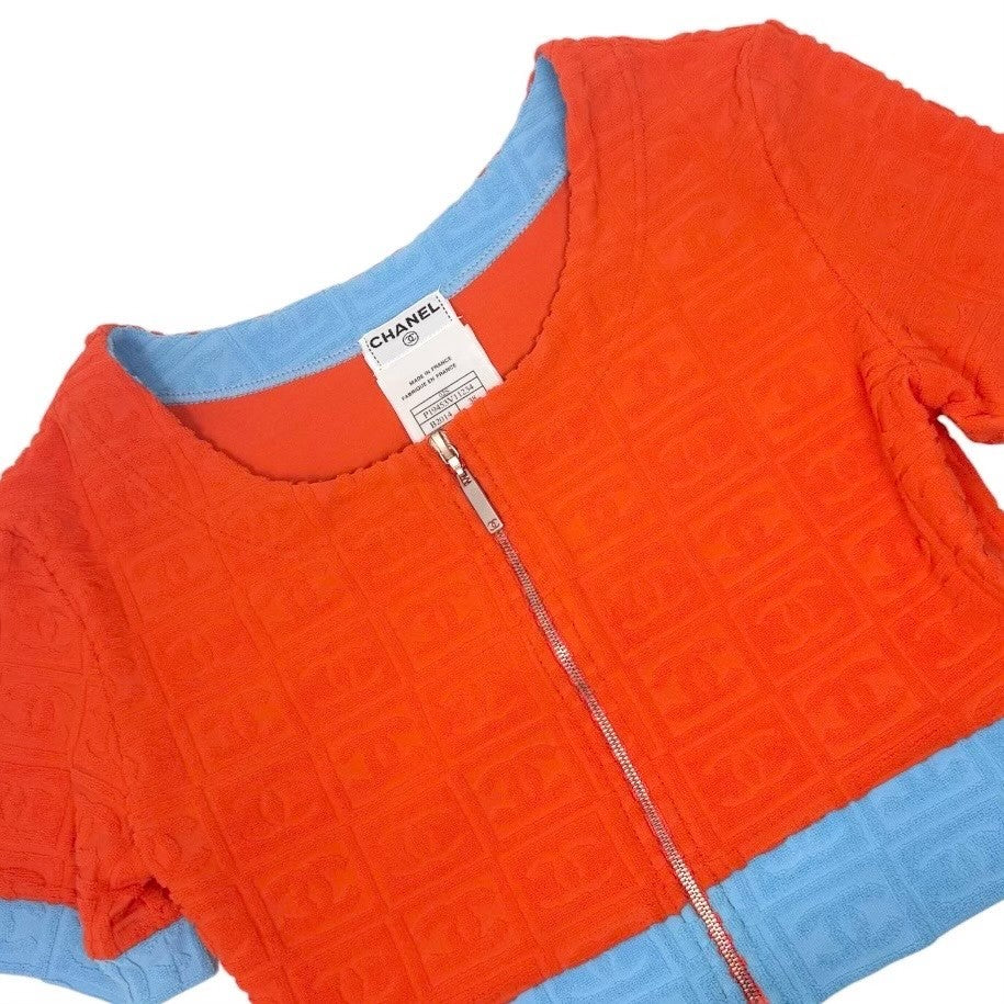 CHANEL Vintage 02S CC Logo Terry Cloth Cropped Zip Top #38 Orange Blue 902836