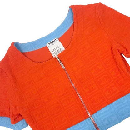 CHANEL Vintage 02S CC Logo Terry Cloth Cropped Zip Top #38 Orange Blue 902836