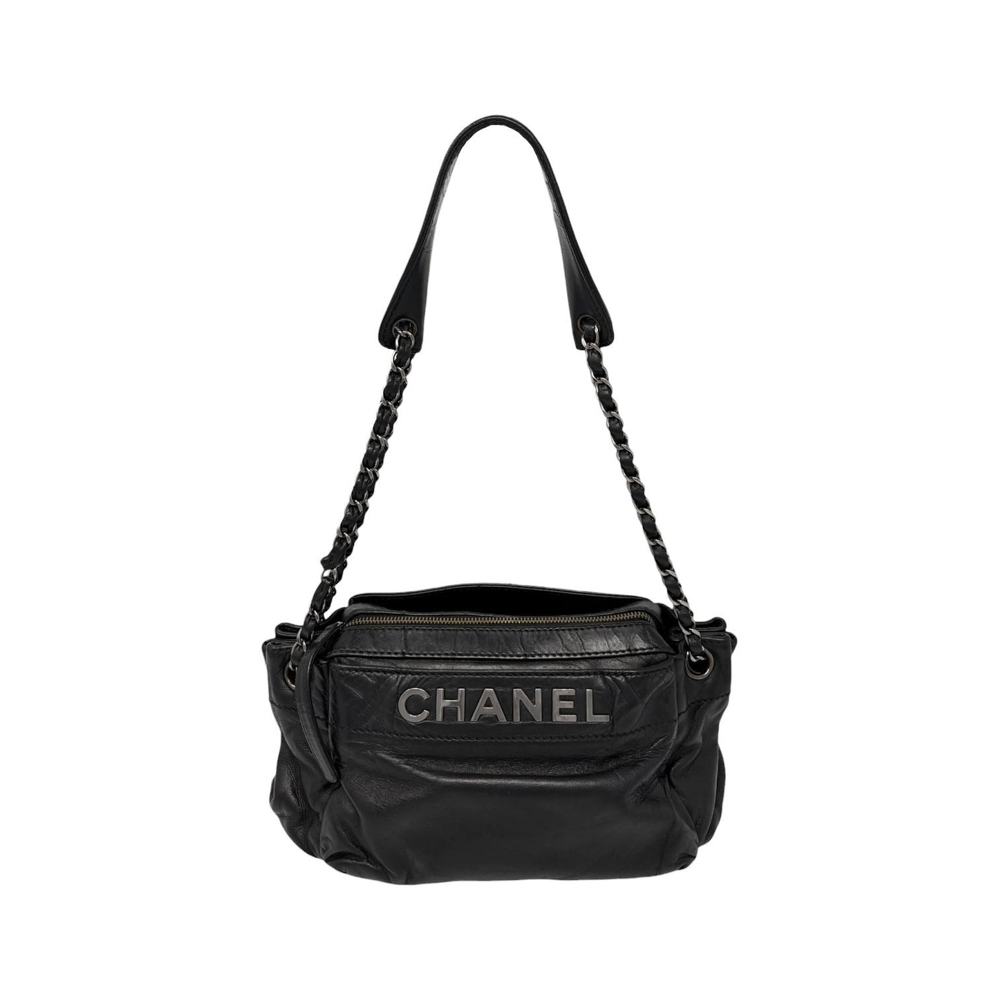 CHANEL Vintage Logo Plate Chain Shoulder Bag Black Silver Leather 902441