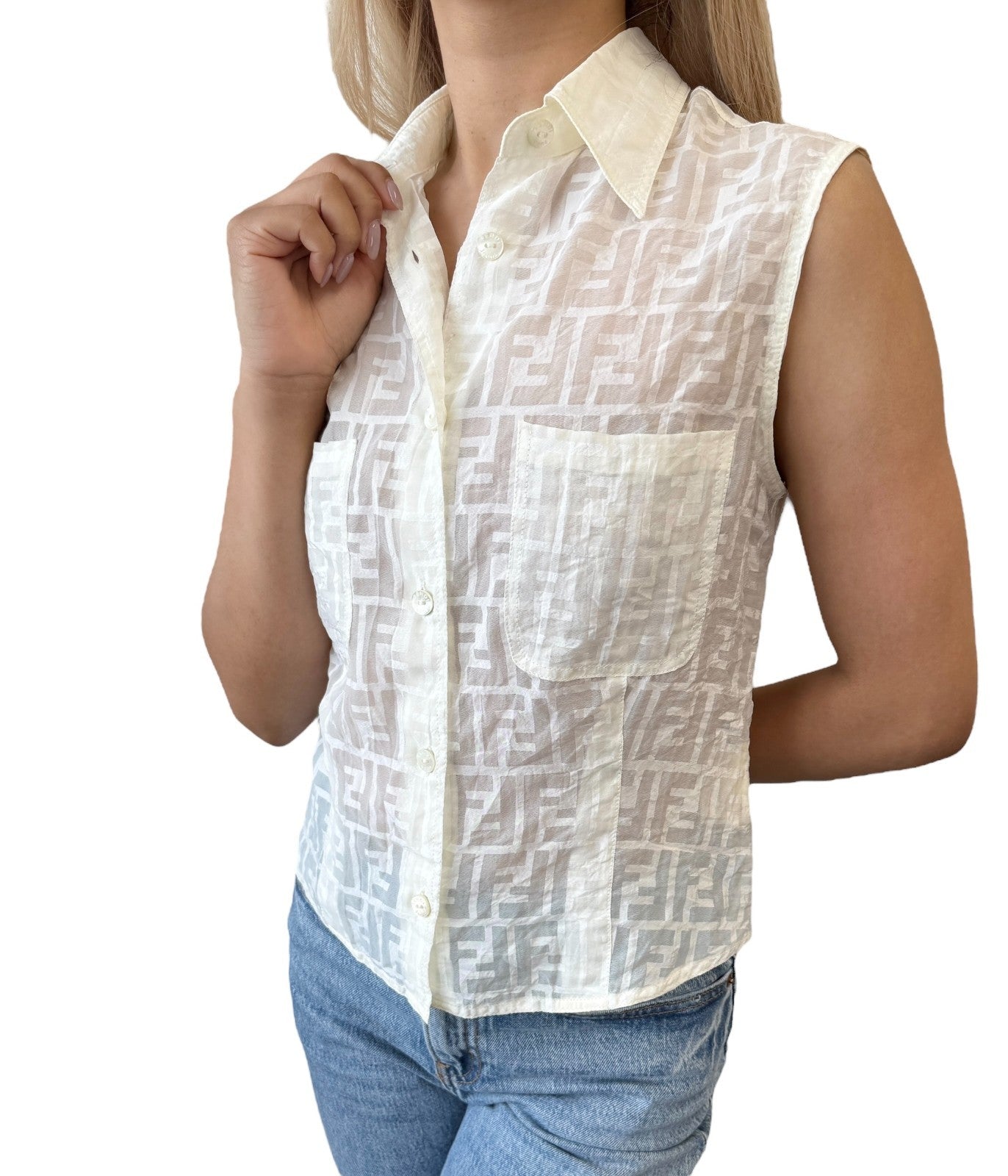 FENDI Vintage Zucca Monogram Logo See-thruogh Shirt #40 Cream Rayon Sleeveless
