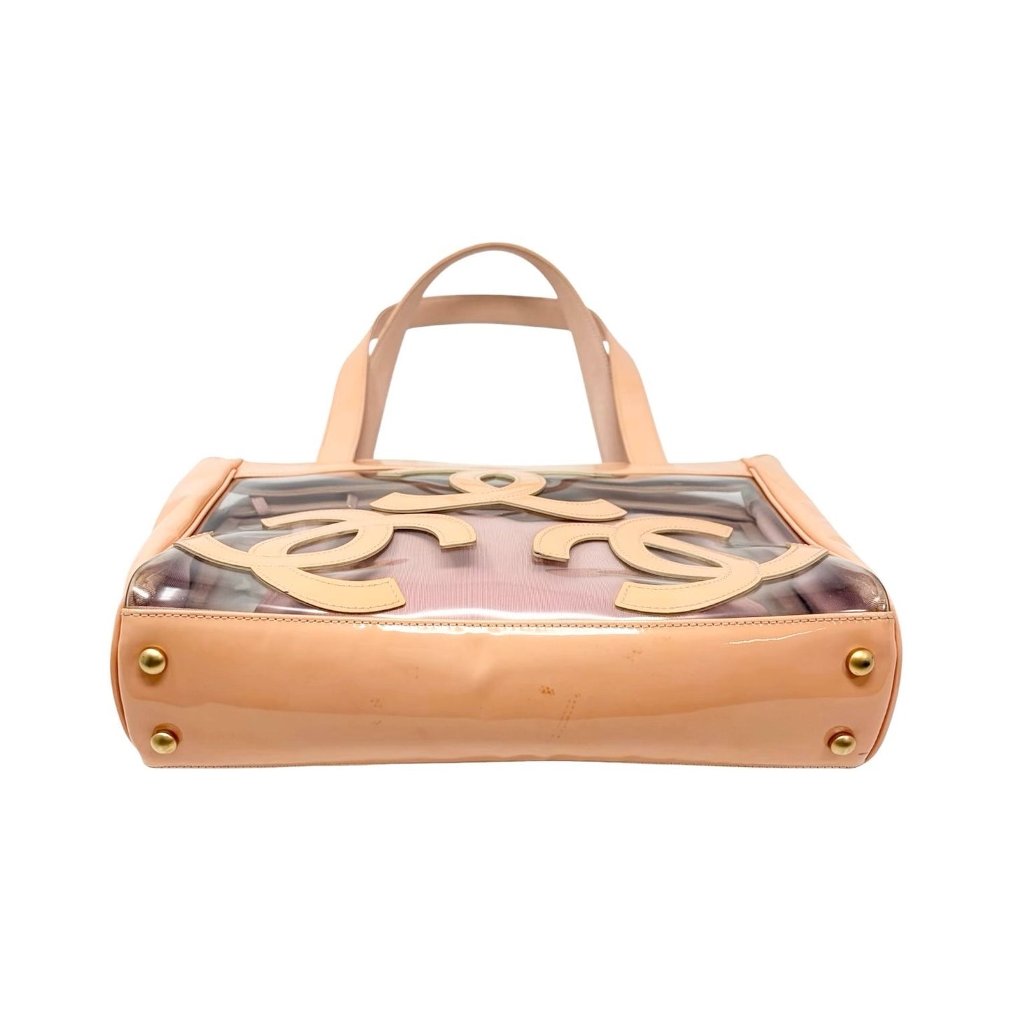 CHANEL Vintage Triple CC Logo Clear Tote Shoulder Bag Pink Beige Pouch 902078