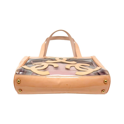 CHANEL Vintage Triple CC Logo Clear Tote Shoulder Bag Pink Beige Pouch 902078