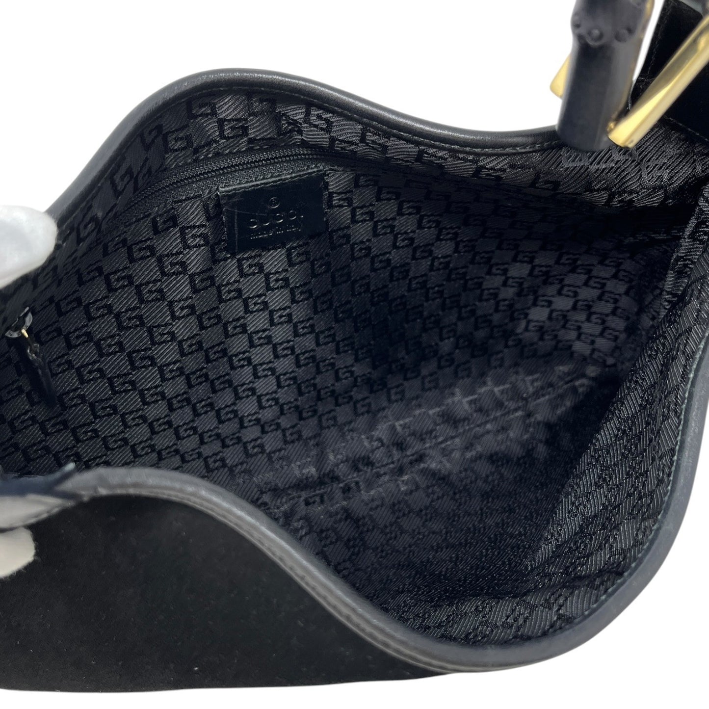 Gucci Vintage Bamboo Top Hobo Shoulder Bag Black Gold Suede Leather 106544