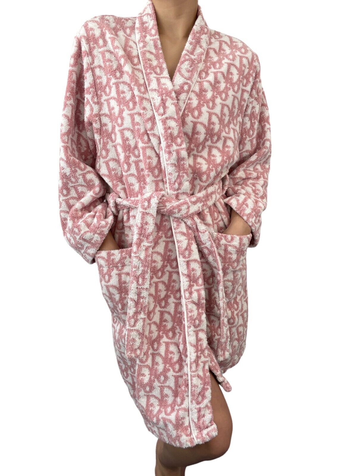 Dior Vintage Trotter Monogram Bath Robe Terry Cloth Pink White Cotton Rank AB