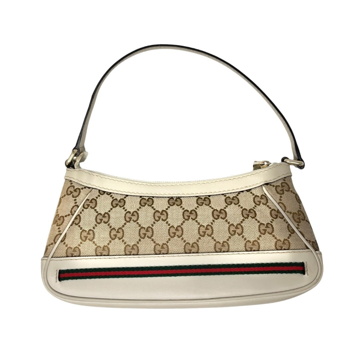 GUCCI Vintage GG Monogram Web Stripe Canvas Shoulder Bag Beige Ribbon 902570