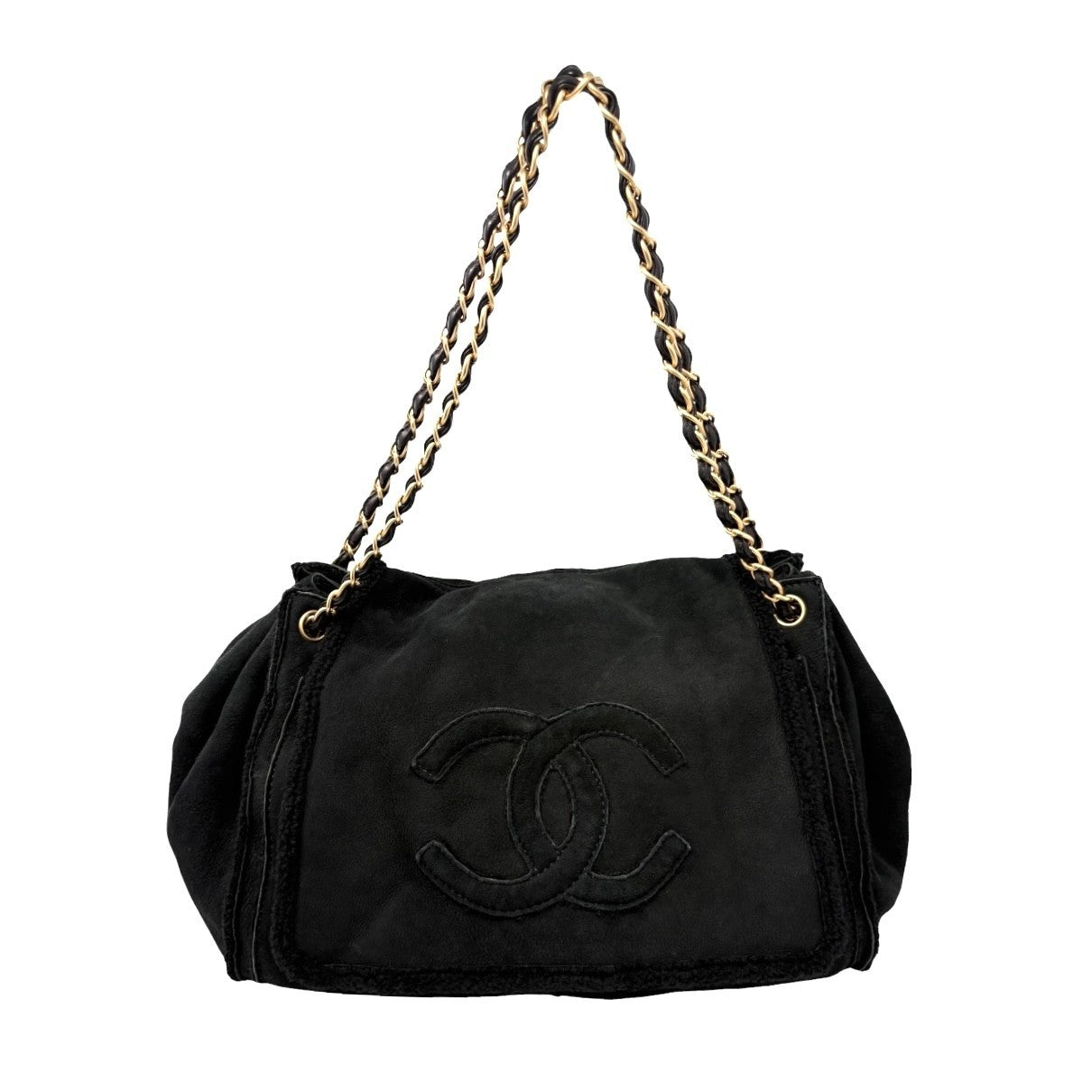 CHANEL Vintage CC Big Logo Shearling Chain Shoulder Bag Black Gold Suede Mouton