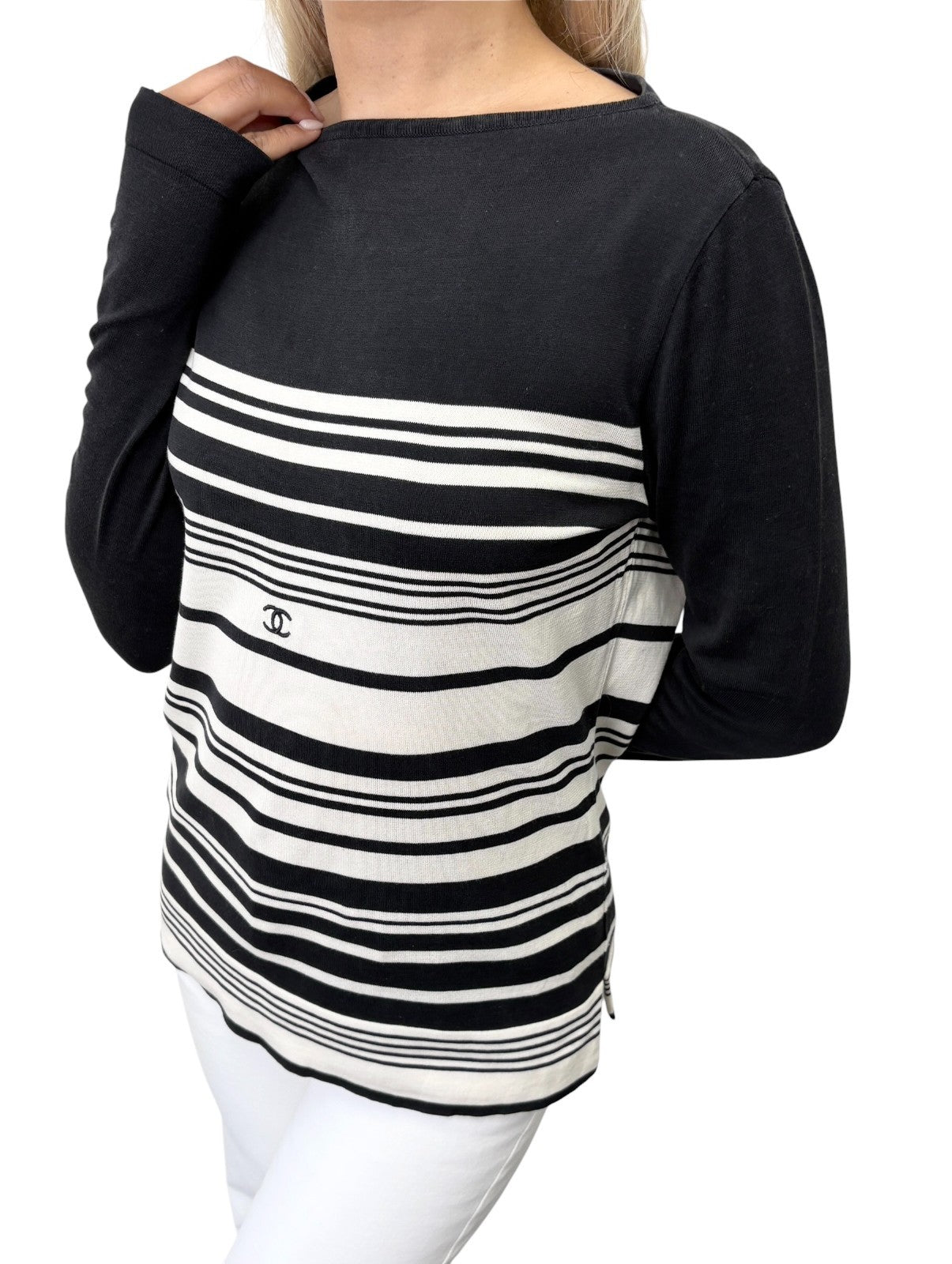 CHANEL Vintage 98P CC Logo Strip Knit Shirt Top #36 Long Sleeve Black 901887