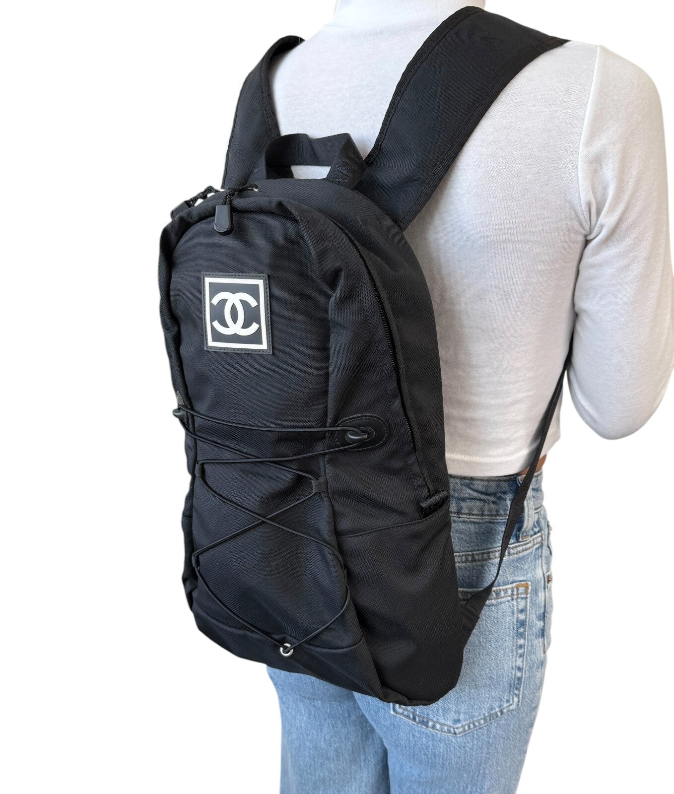 CHANEL Sport Vintage 2004 CC Mark Logo Backpack Black White Nylon Leather Zip