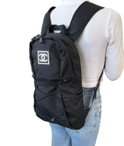CHANEL Sport Vintage 2004 CC Mark Logo Backpack Black White Nylon Leather Zip