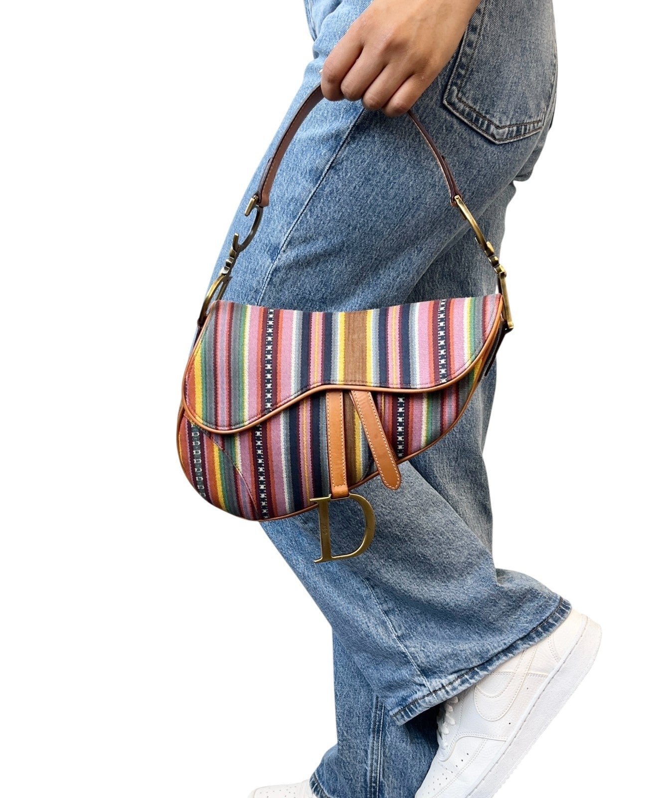 Christian Dior Vintage 2002 Logo Stripe Saddle Shoulder Bag Multicolor Camel