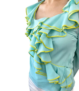 Christian Dior Vintage 2002 Frill Shirt #40 Top Button Light Blue Yellow Silk