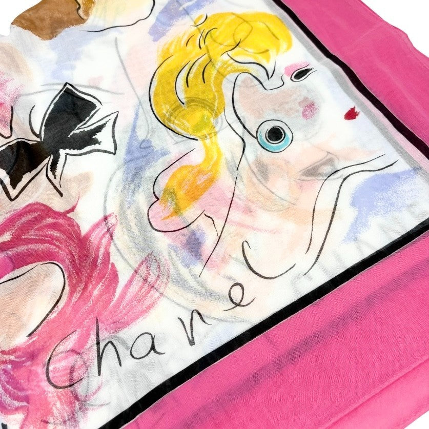 CHANEL Vintage CC Logo Big Scarf Wrap Pareo Iconic Pink Multicolor Cotton Paris