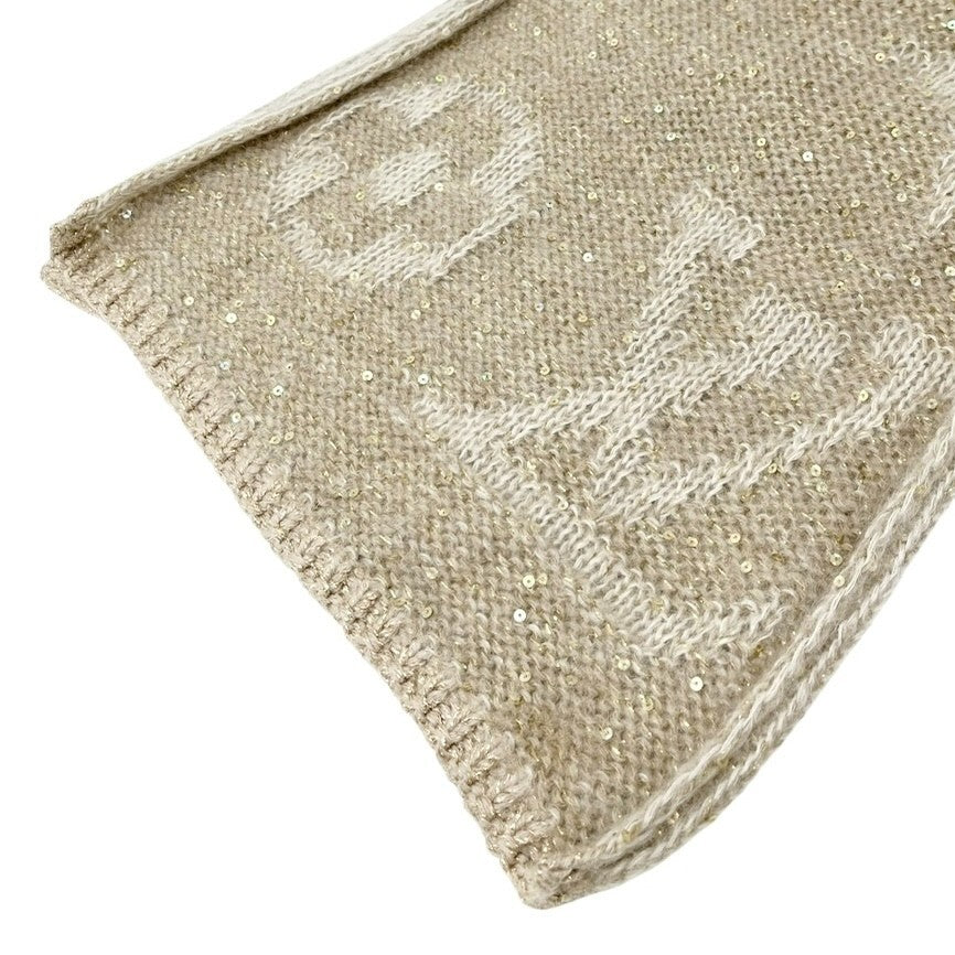 LOUIS VUITTON Vintage LV Monogram Logo Knit Sequins Scarf Shawl Beige Mohair