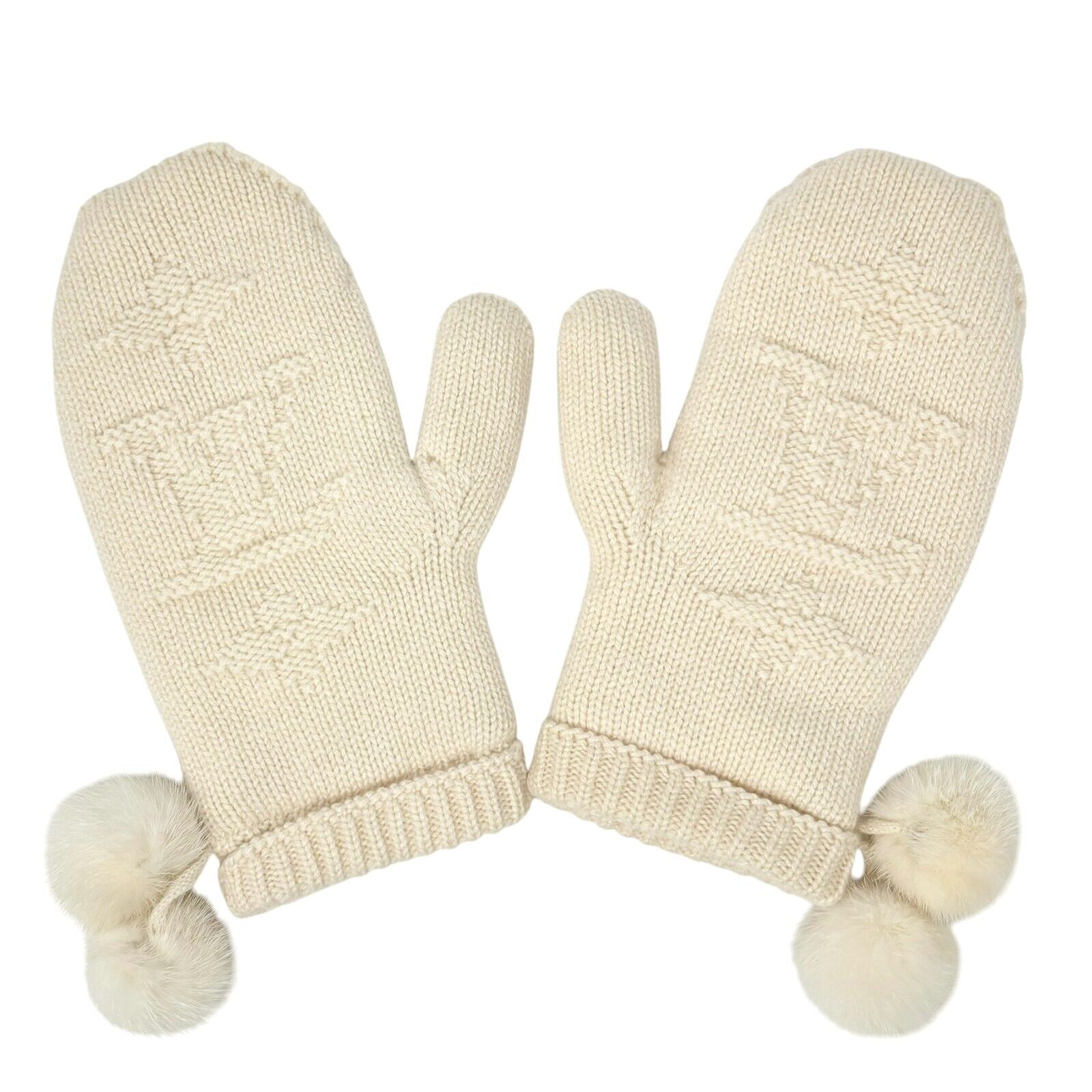 LOUIS VUITTON Vintage LV Logo Knit Gloves Mink Pompons Cream Cashmere