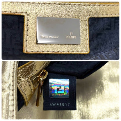 FENDI Vintage FF Logo Embossed Mamma Baguette Shoulder Bag Gold Nylon 902315
