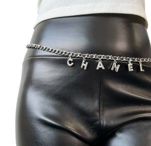 CHANEL Vintage A12W CC Logo Chain Belt Silver Black Metal Leather Rank AB