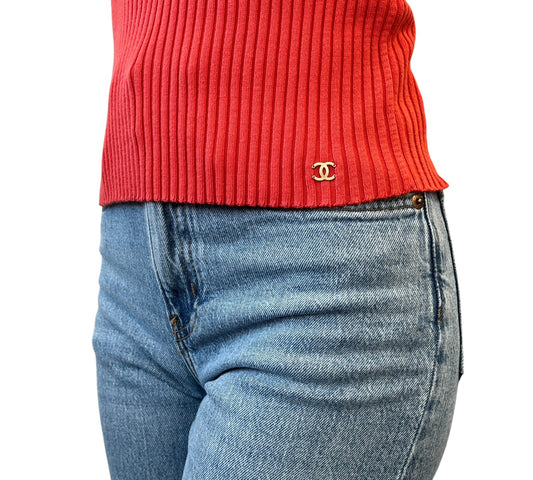 CHANEL Vintage 01C CC Gold Ring Knit Ribed Tank Camisole Top #40 Orange Cotton