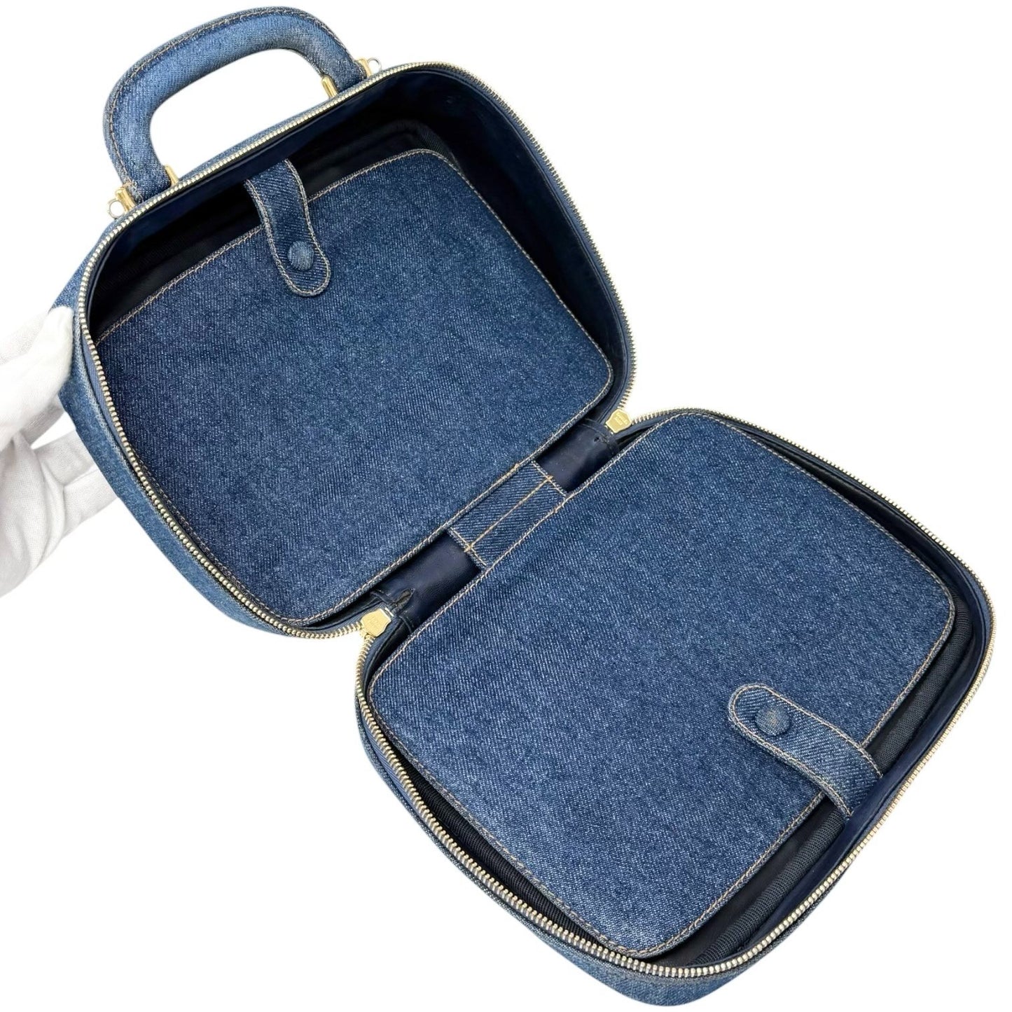 CHANEL Vintage CC Logo Denim 2way Vanity Shoulder Bag Blue Gold Handbag