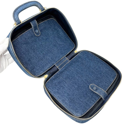 CHANEL Vintage CC Logo Denim 2way Vanity Shoulder Bag Blue Gold Handbag