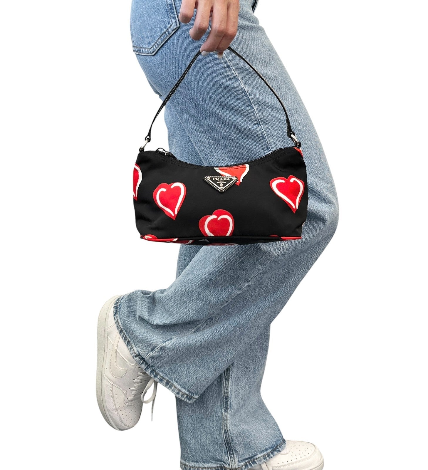 PRADA Vintage Logo Heart Pattern Shoulder Bag Pochette Black Red Nylon