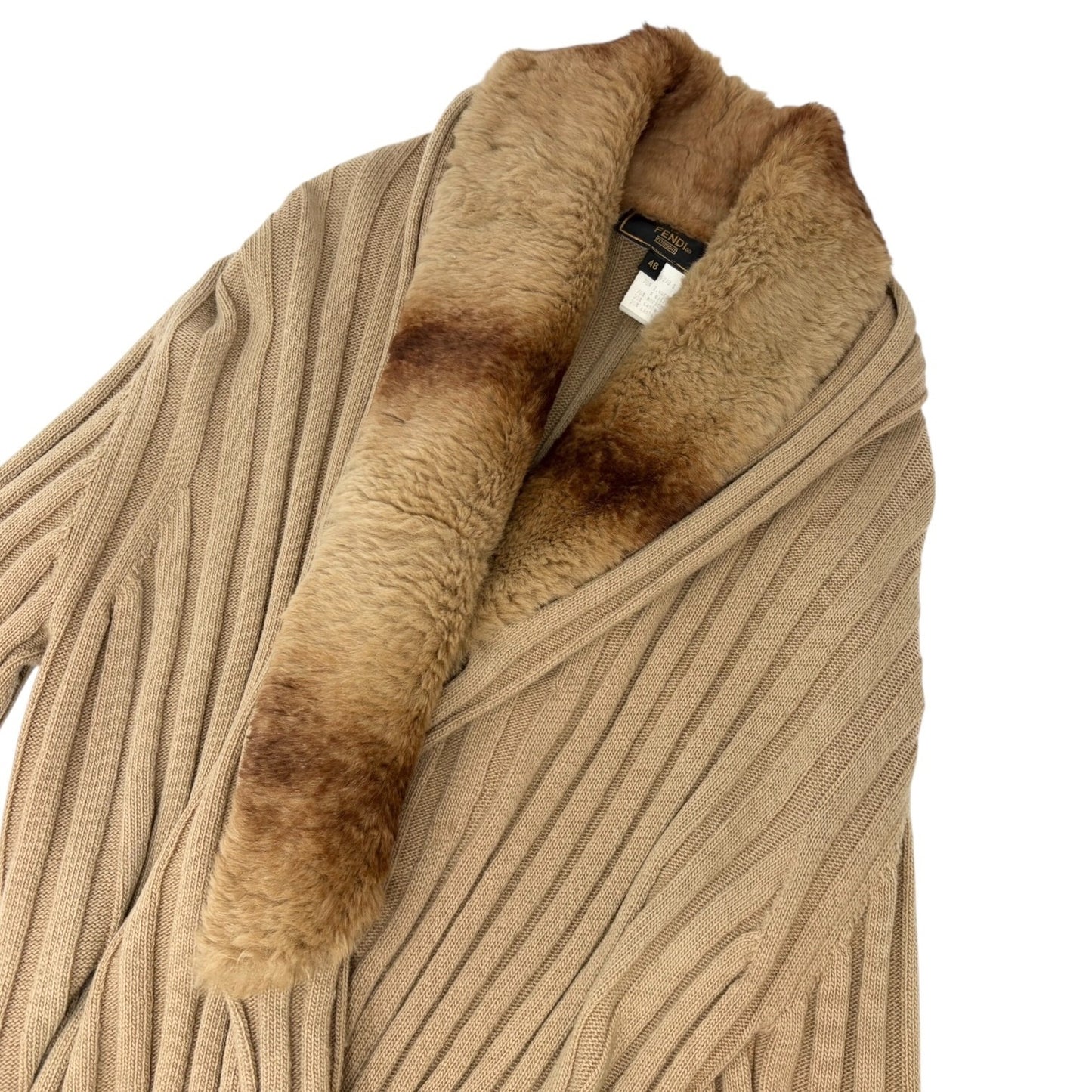 FENDI Vintage Fur Knit Rib Cardigan Jacket #46 Belt Beige Brown Wool