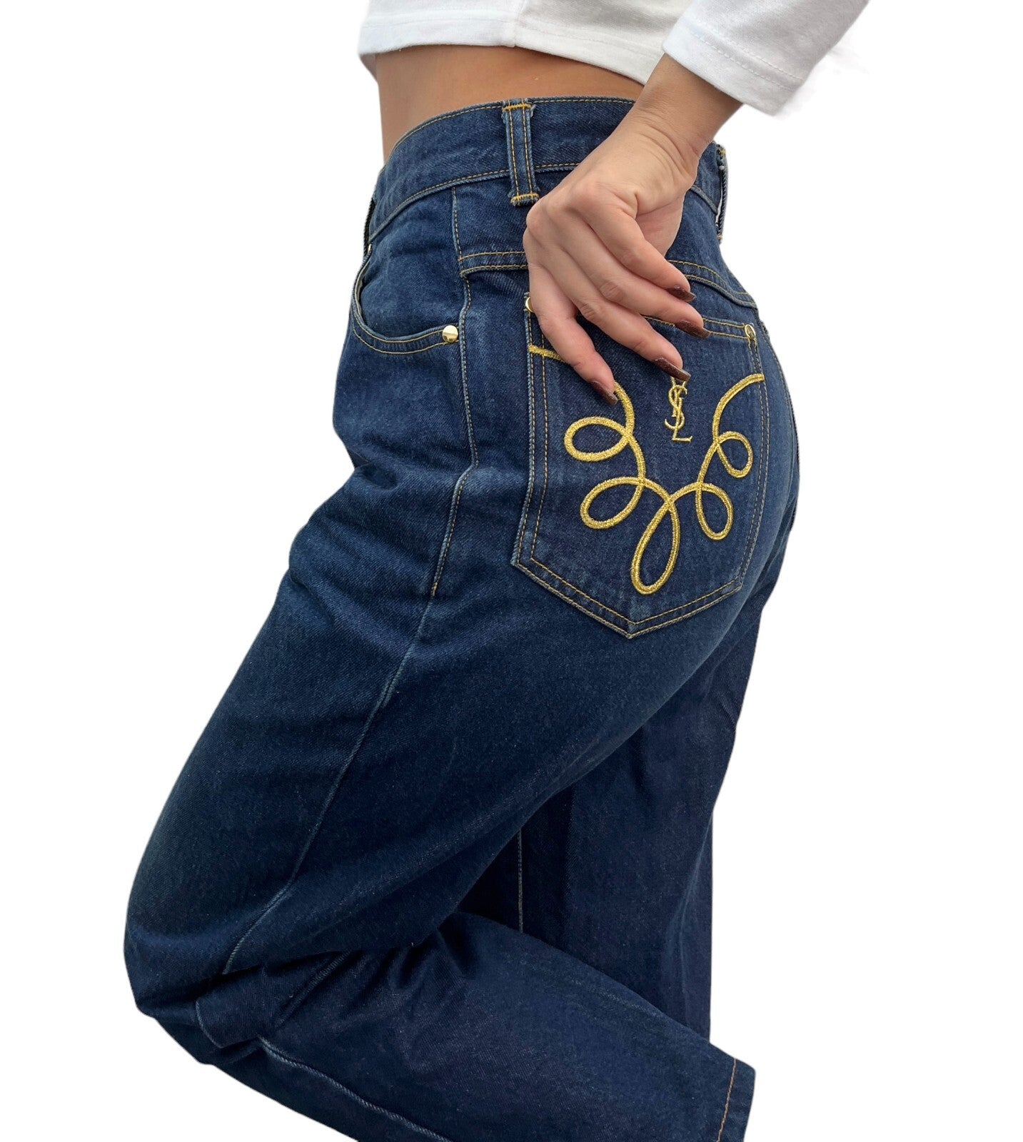Yves Saint Laurent Vintage YSL Logo Denim Cropped Pants #40 Blue Gold Cotton