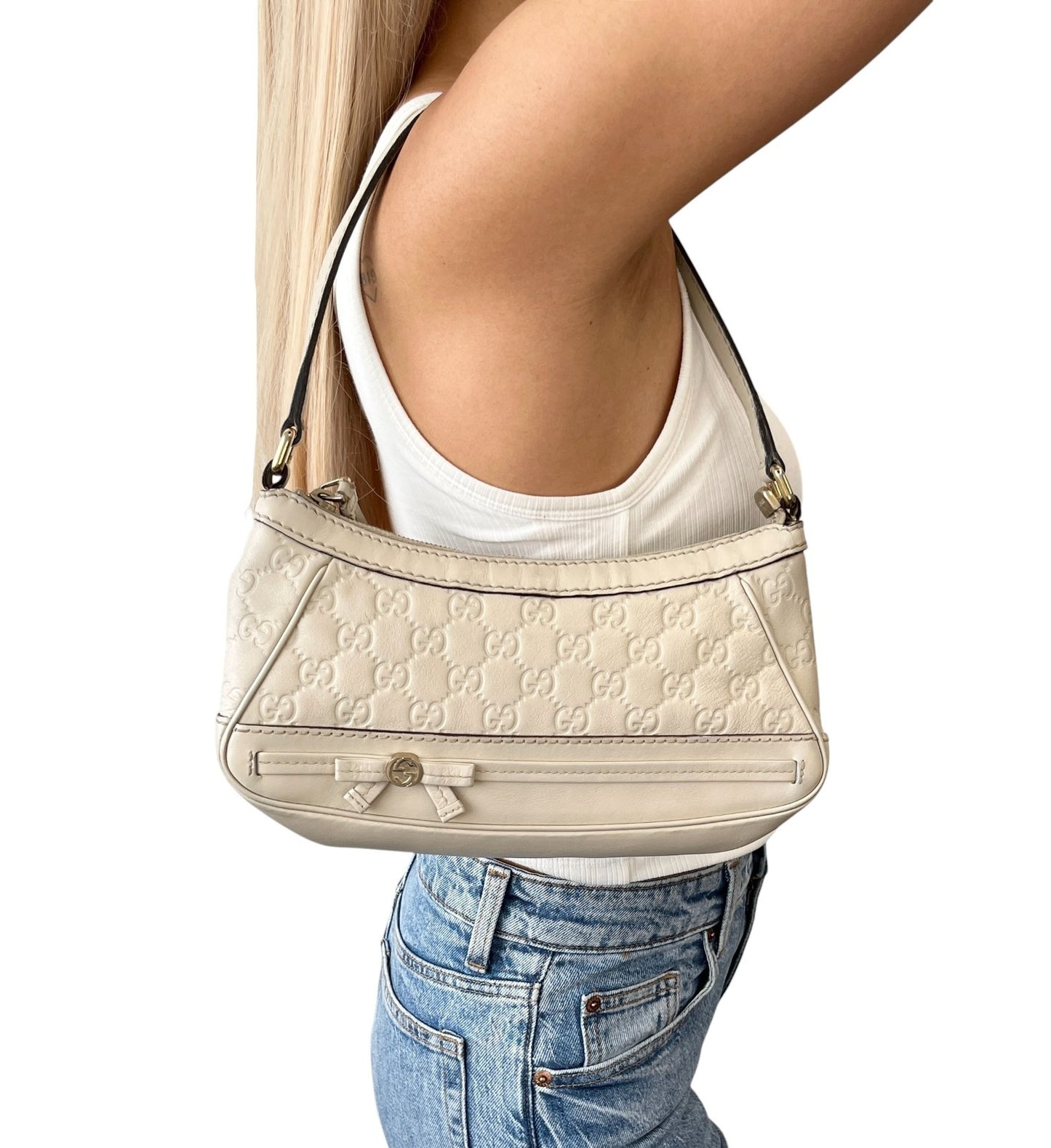 GUCCI Vintage GG Interlocking Monogram Shoulder Bag Beige Ribbon Zip 902282