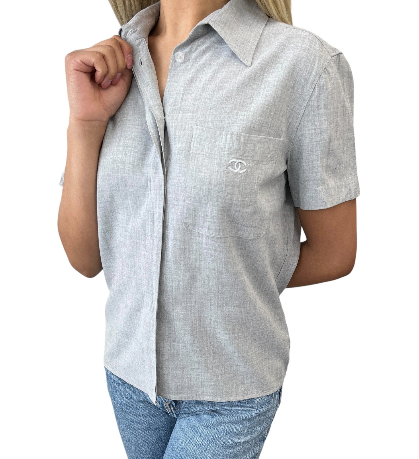 CHANEL Vintage 99P CC Logo Short Sleeve Shirt Blouse Pocket #38 Gray Rayon