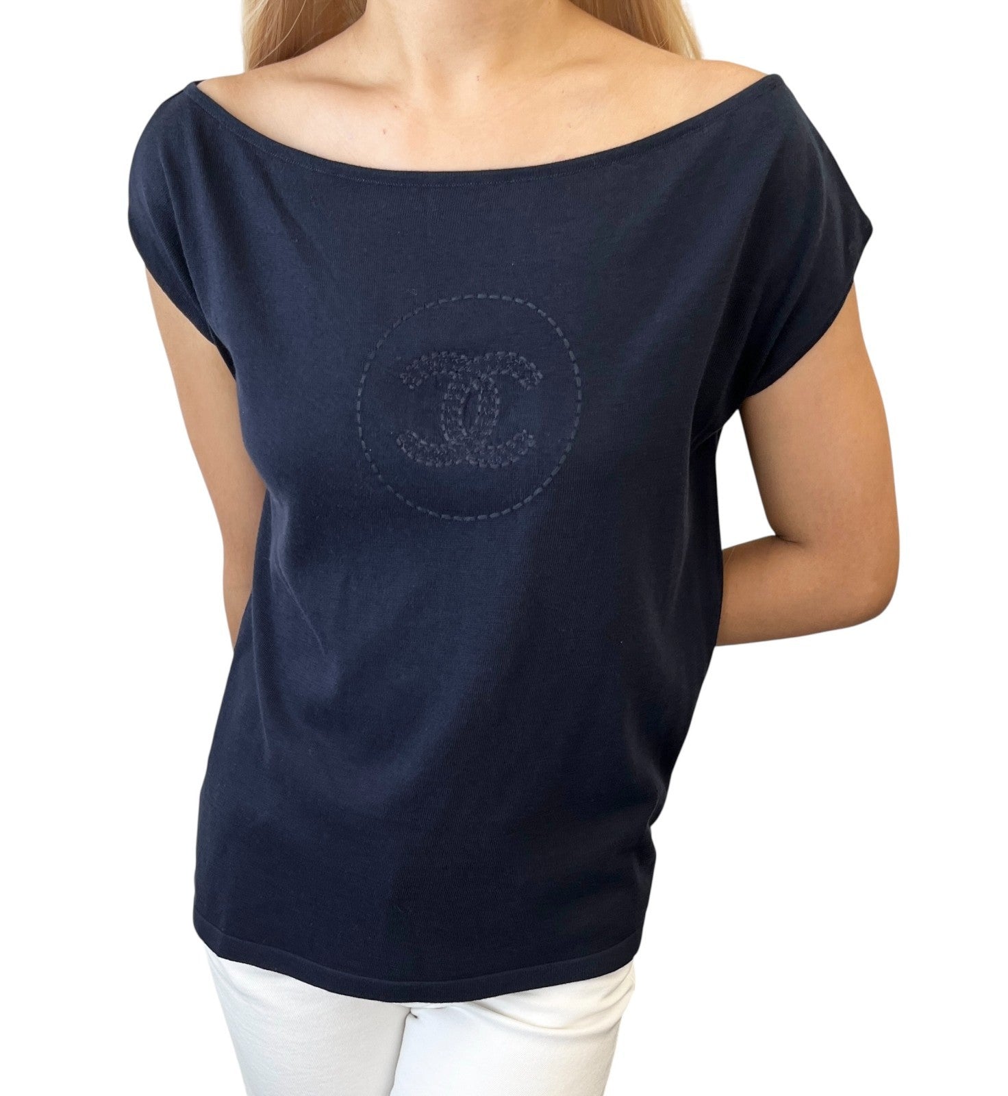 CHANEL Vintage 07P CC Mark Logo Summer Knit Top #36 Sleeveless Stitch Dark Blue