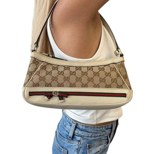 GUCCI Vintage GG Monogram Web Stripe Canvas Shoulder Bag Beige Ribbon 902487