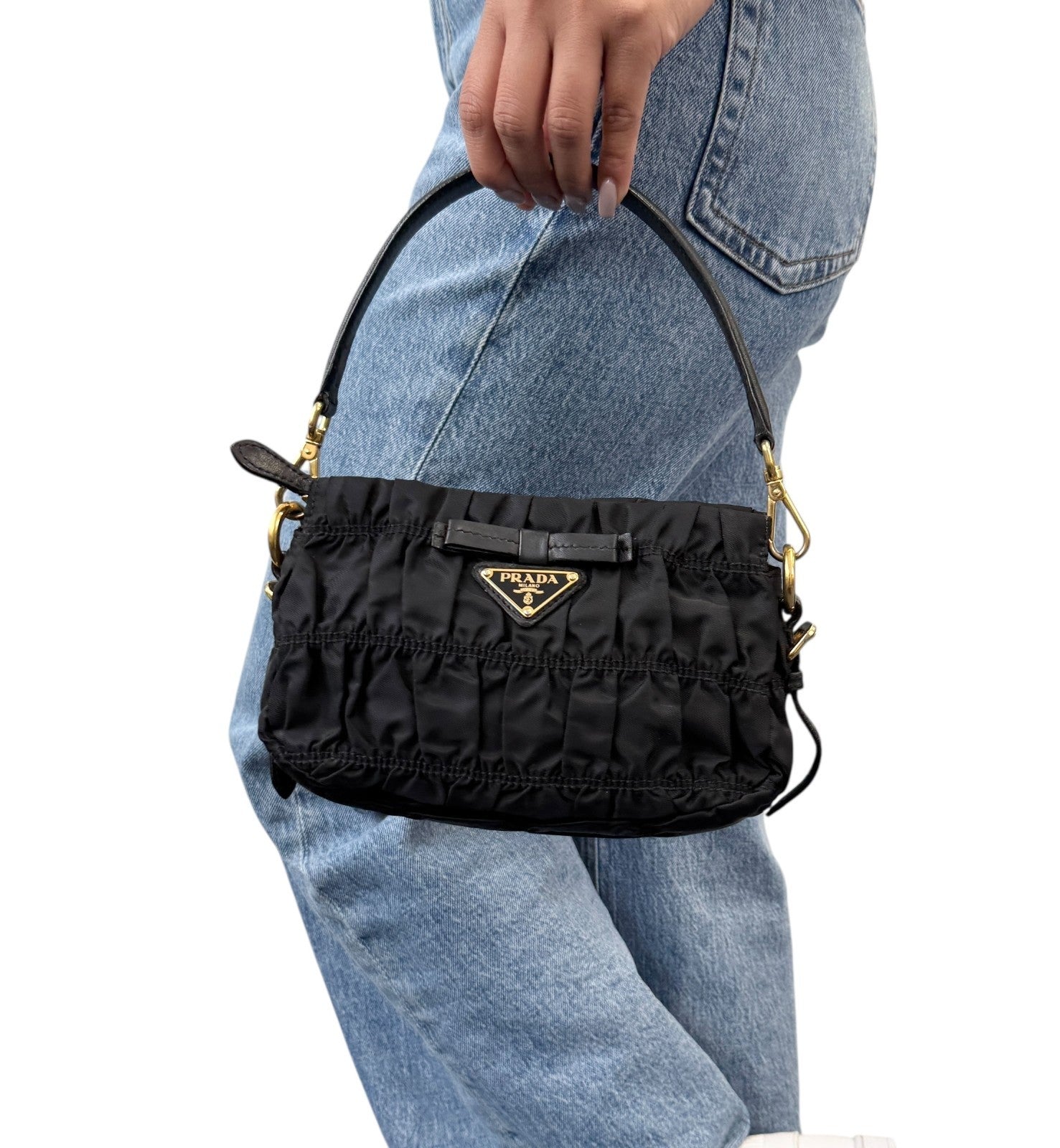 PRADA Vintage Logo Black Gathered Nylon Shoulder Mini Bag Gold Ribbon Leather