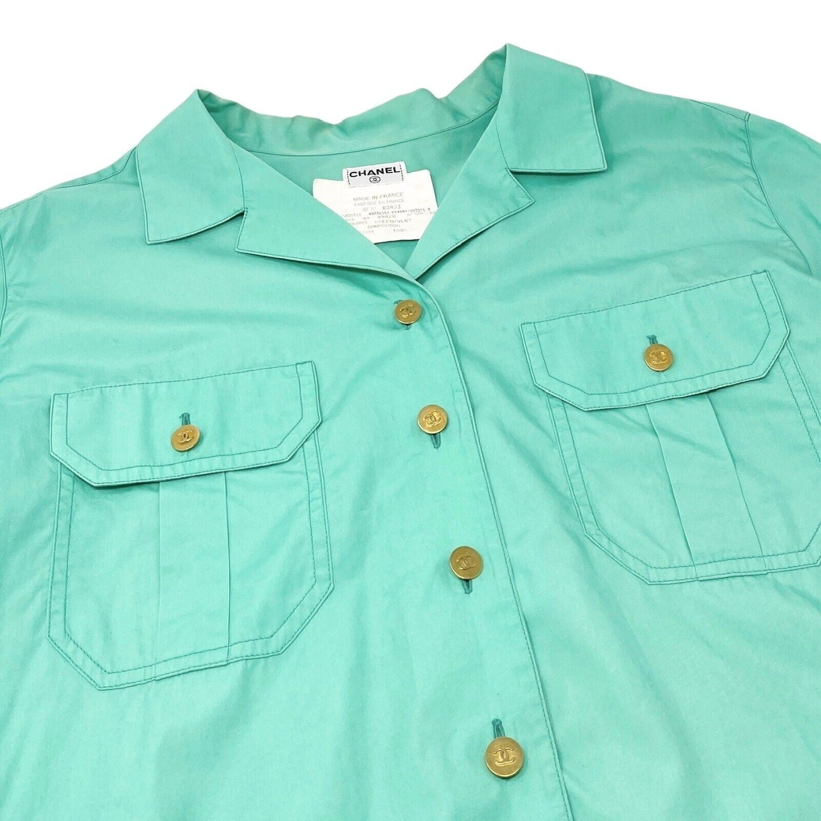 CHANEL Vintage P04883 CC Logo Shirt Top #44 Button Up Light Green Gold Cotton