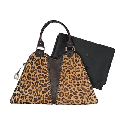 FENDI Vintage Leopard Pony Calf Hair Shoulder Bag Camel Brown Leather 902475