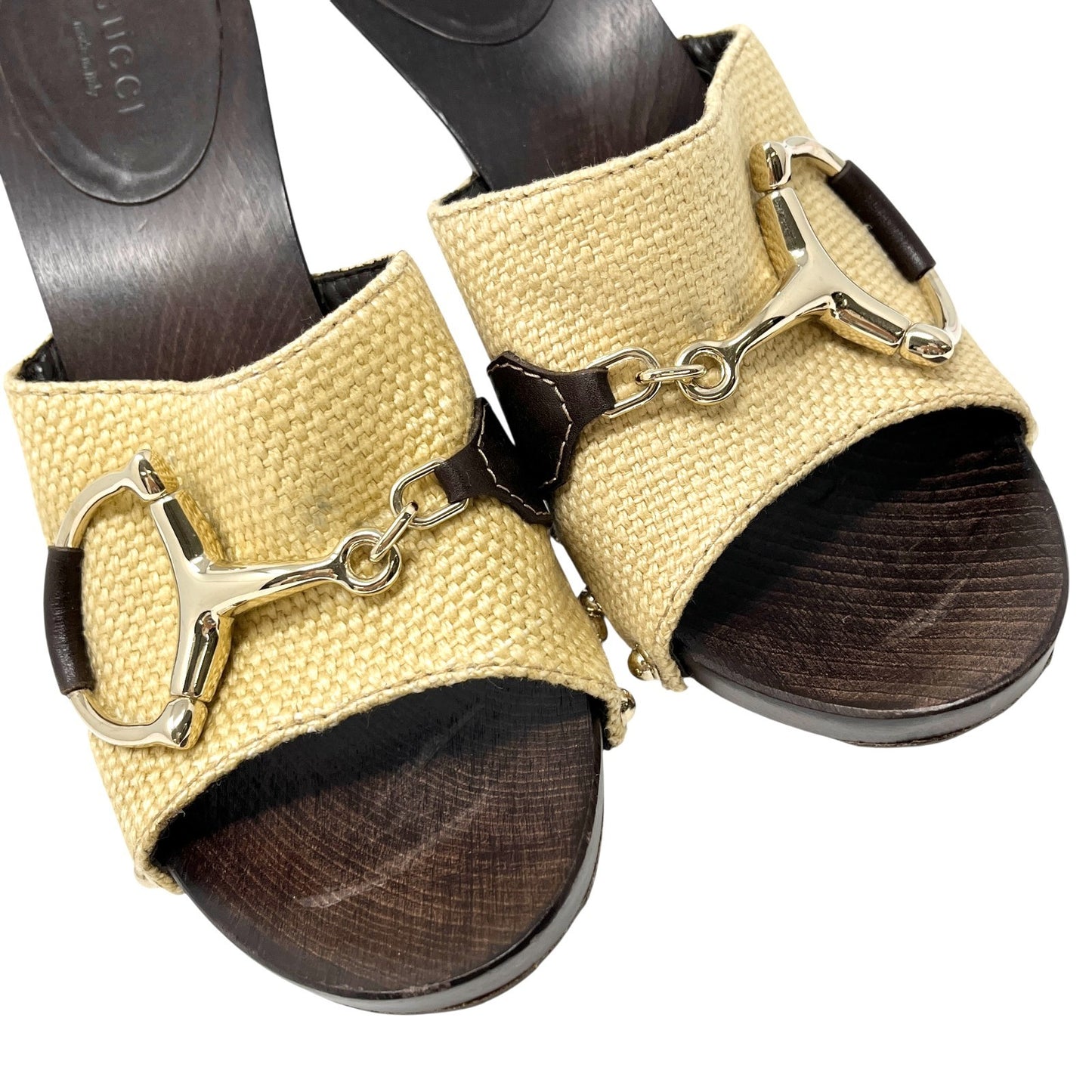 GUCCI Vintage Logo Horsebit Sandals Heels #36.5 Beige Brown Silver Cotton Wood