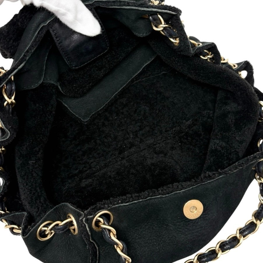 CHANEL Vintage CC Logo Mouton Chain Shoulder Bag Black Gold Suede 902831