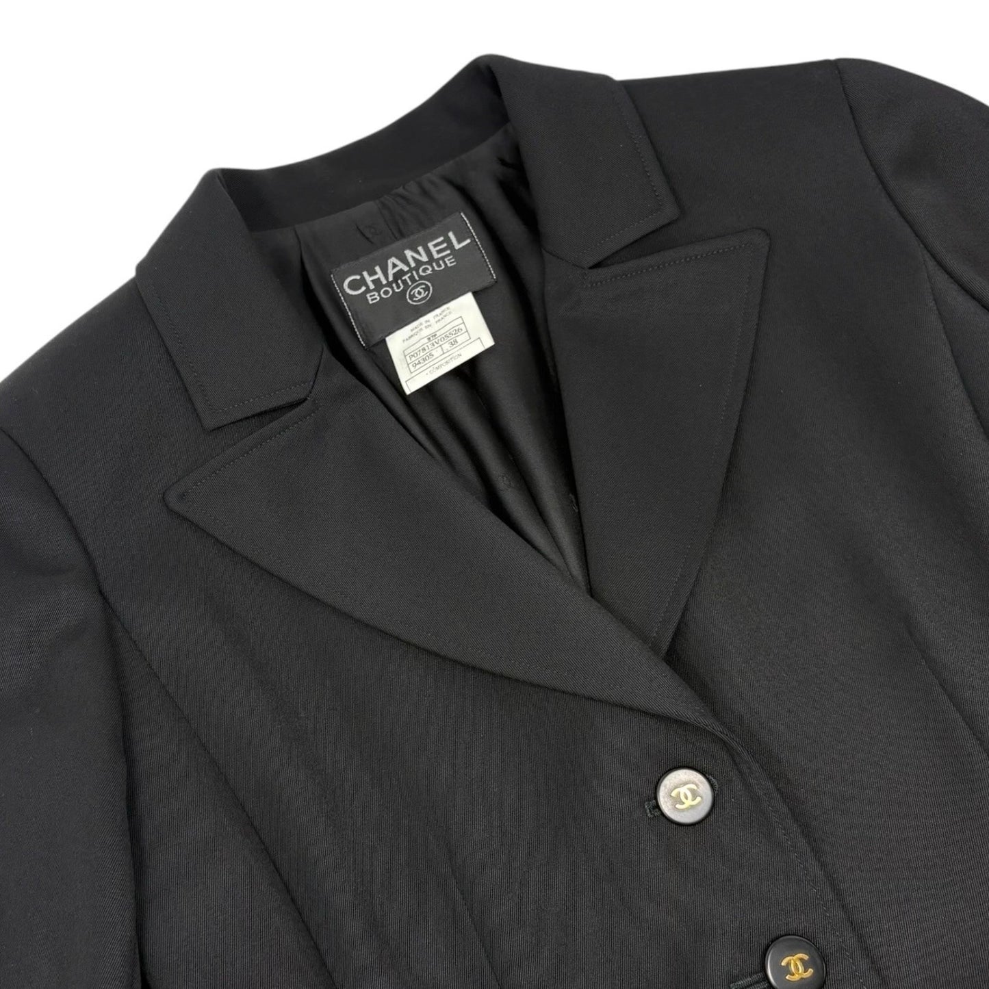 CHANEL Vintage 97P CC Logo Button Cropped Jacket #38 Black Gold Pockets 901921