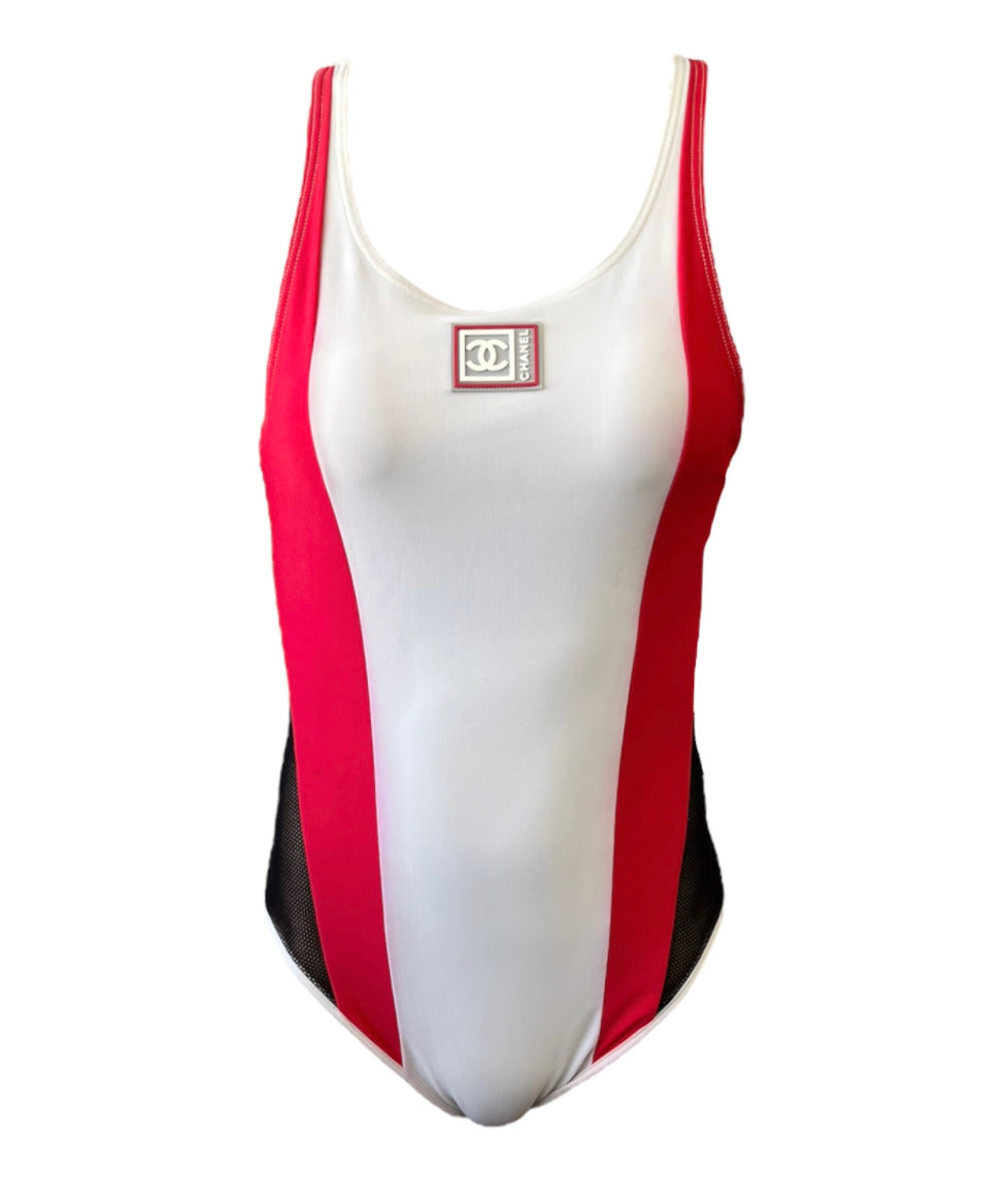 CHANEL Sport Vintage 05S Coco Mark Swimwear Swimsuit #40 White Red Nylon RankAB