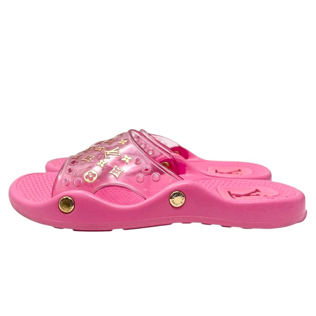 LOUIS VUITTON Vintage Lv Logo Monogram Beach Sandals #36-36.5 Pink Gold Rubber