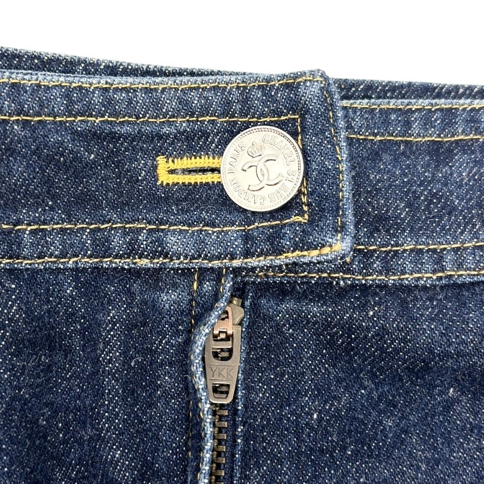 CHANEL Vintage 96P CC Mark Logo Denim Skirt #36 Dark Blue Yellow Cotton