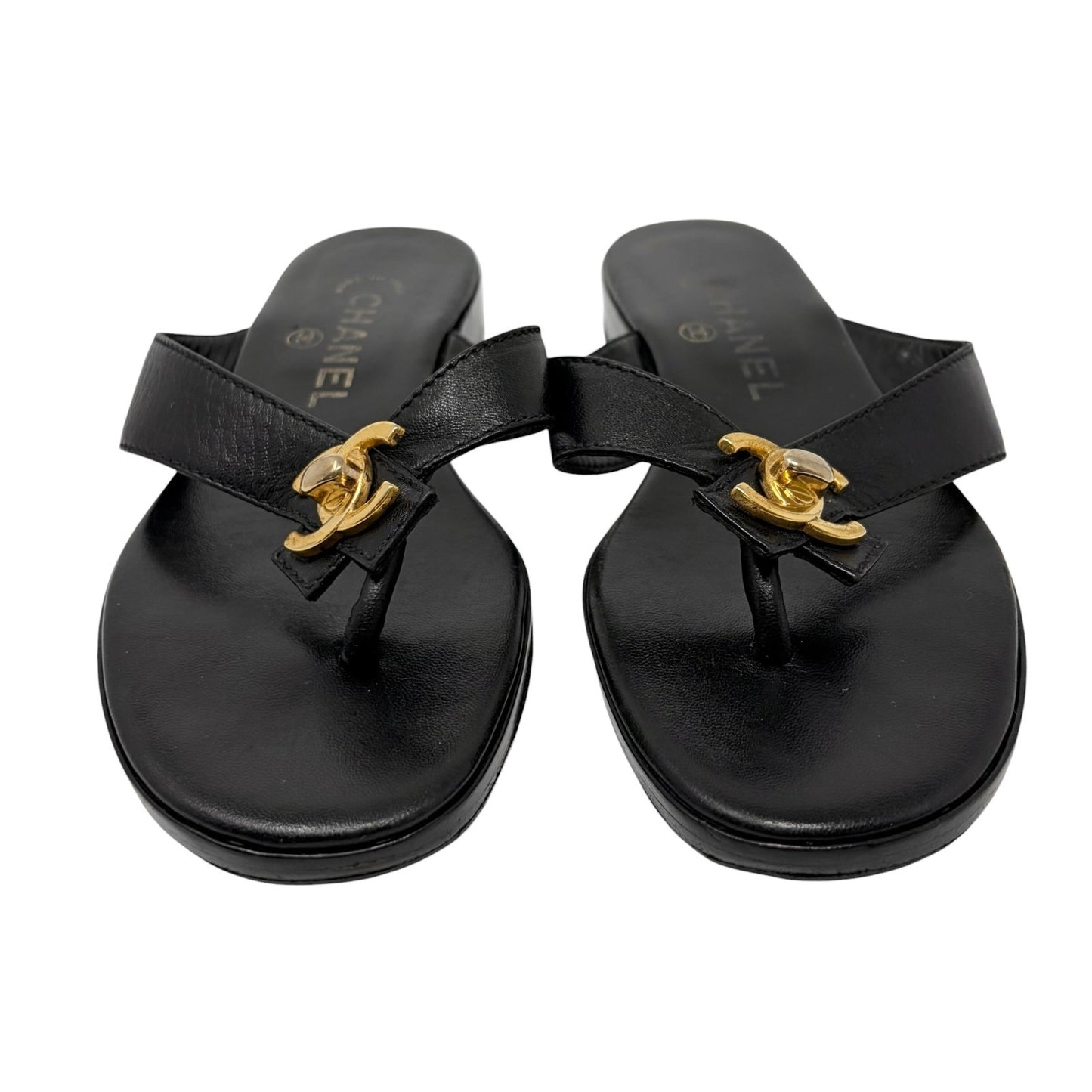 CHANEL Vintage Turnlock CC Logo Flat Thong Sandals #38 Black Leather 902405