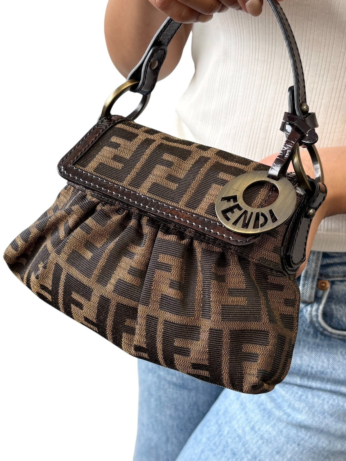 FENDI Vintage Zucca Monogram Logo Charm Canvas Mini Chef Bag Brown Pochette