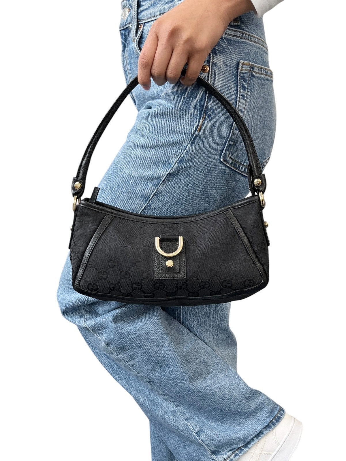 GUCCI Vintage GG Monogram Logo Abbey Shoulder Bag Zip Black Gold Canvas Leather