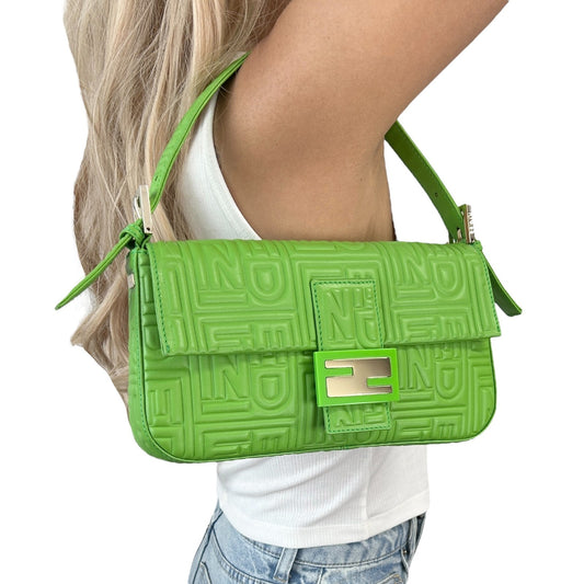 FENDI Vintage FF Logo Embossed Mamma Baguette Shoulder Bag Green Leather Silver