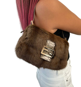 FENDI Vintage FF Logo Fur Mini Mamma Baguette Shoulder Bag Brown Gold Leather