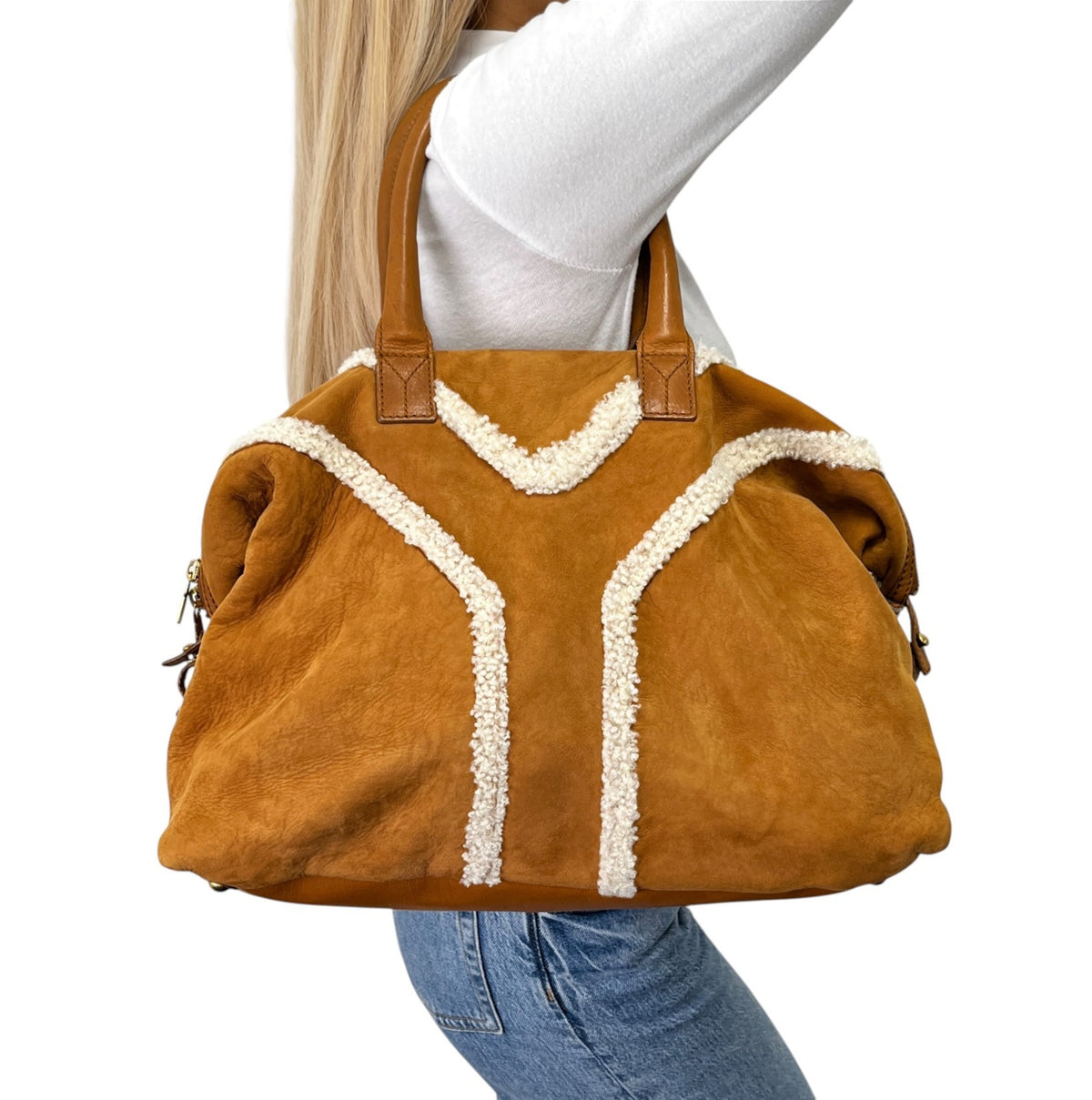 Yves Saint Laurent Vintage YSL Logo Boa Boston Bag Brown Cream Suede 902808