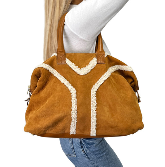 Yves Saint Laurent Vintage YSL Logo Boa Boston Bag Brown Cream Suede 902808