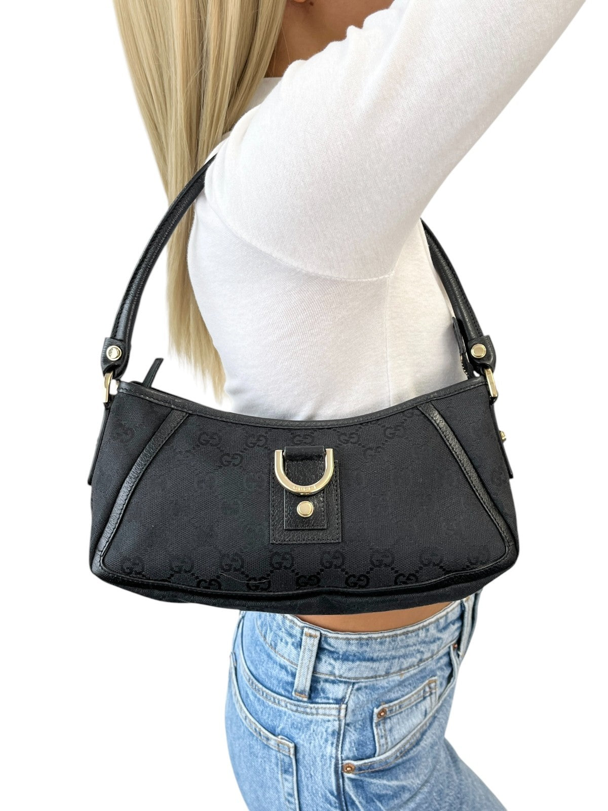 GUCCI Vintage GG Monogram Logo Abbey Shoulder Bag Zip Black Gold Canvas Leather