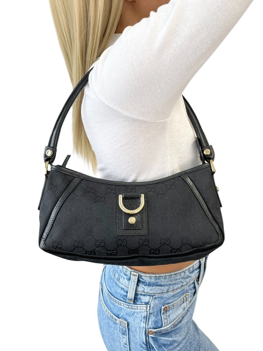 GUCCI Vintage GG Monogram Logo Abbey Shoulder Bag Zip Black Gold Canvas Leather