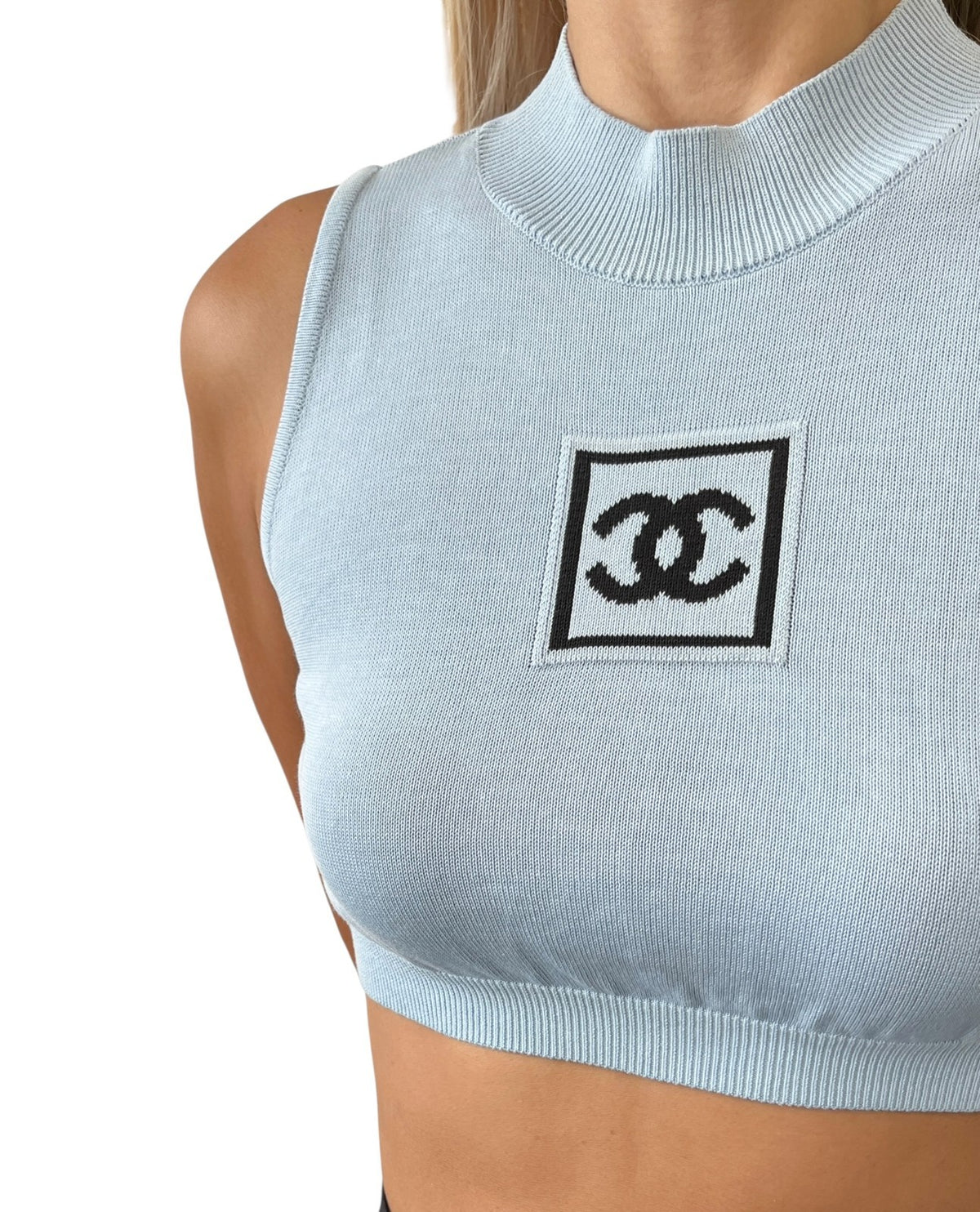 CHANEL Sport Vintage 03A CC Mock Neck Cropped Knit Tank Top #38 Blue 902897