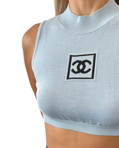 CHANEL Sport Vintage 03A CC Mock Neck Cropped Knit Tank Top #38 Blue 902897